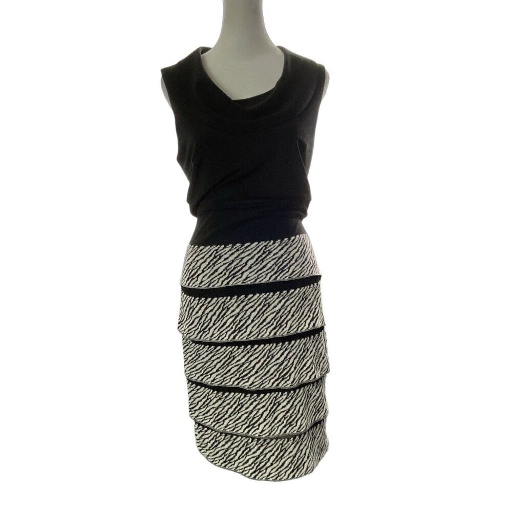 Vtg JOSEPH RIBKOFF Women Midi Dress Sz 6 Black Tier Ruffle Cowl Neck Sleeveless